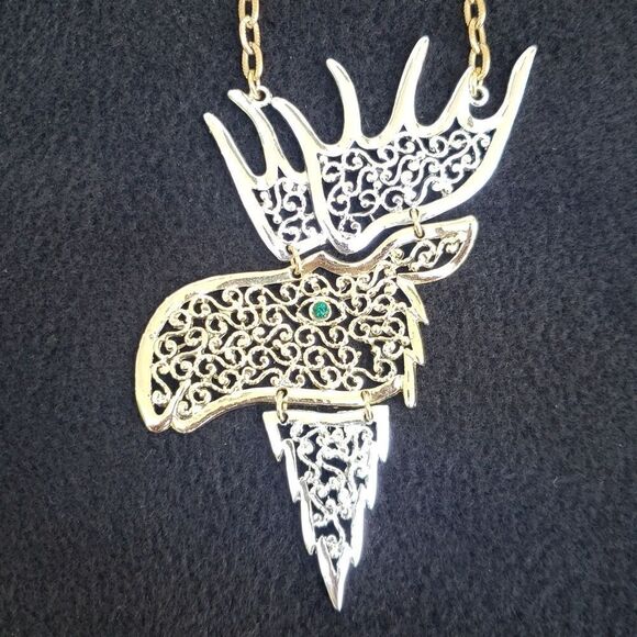 Jewelry - NWT Very Cool Silver Gold 22" Moose Pendant Swinging Necklace
